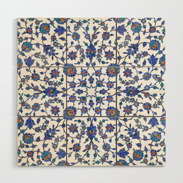 Ottoman Arabesque Iznik Pattern Indigo Blue White & Red Wood Wall Art Gallery Image 1