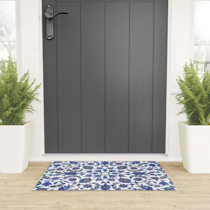 Ottoman Arabesque Iznik Pattern Indigo Blue White & Red Welcome Mat Gallery Image 3