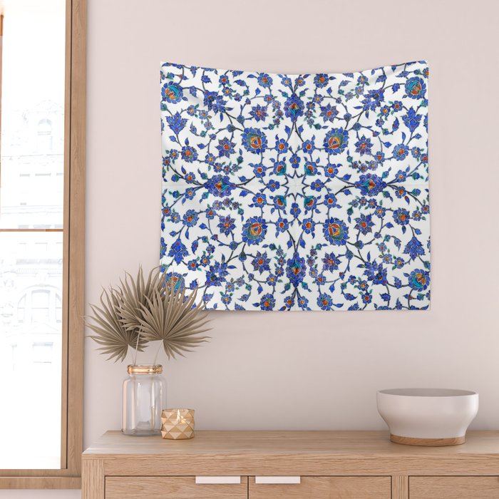 Ottoman Arabesque Iznik Pattern Indigo Blue White & Red Wall Tapestry Gallery Image 2
