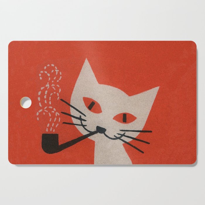 Retro White Cat Smoking a Pipe Cutting Board Gallery Image 1