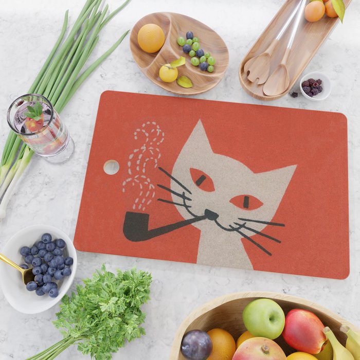 Retro White Cat Smoking a Pipe Cutting Board Gallery Image 2