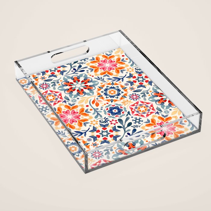 Watercolor Kaleidoscope Floral - desaturated Acrylic Tray Gallery Image 1