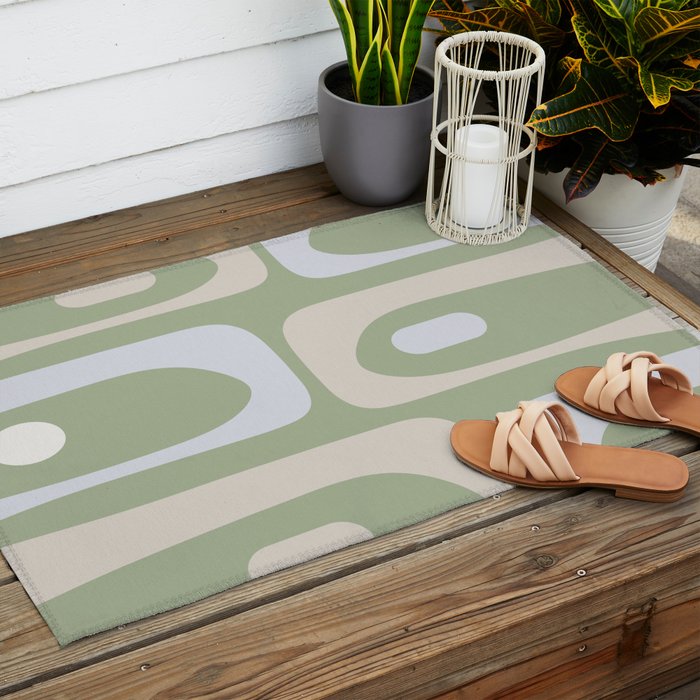 Mid Mod Piquet Pattern in Beige, Sage, and Light Silver Gray Outdoor Rug Gallery Image 2
