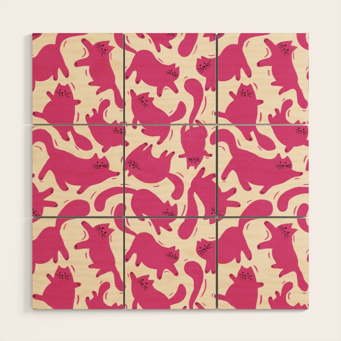 Playful Pink Cats Pattern Wood Wall Art Gallery Image 1