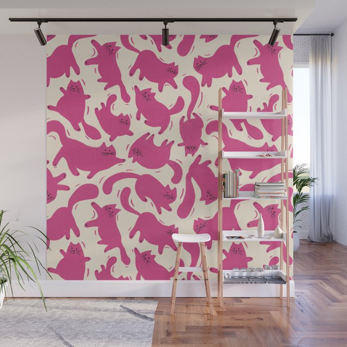 Playful Pink Cats Pattern Wall Mural Gallery Image 1