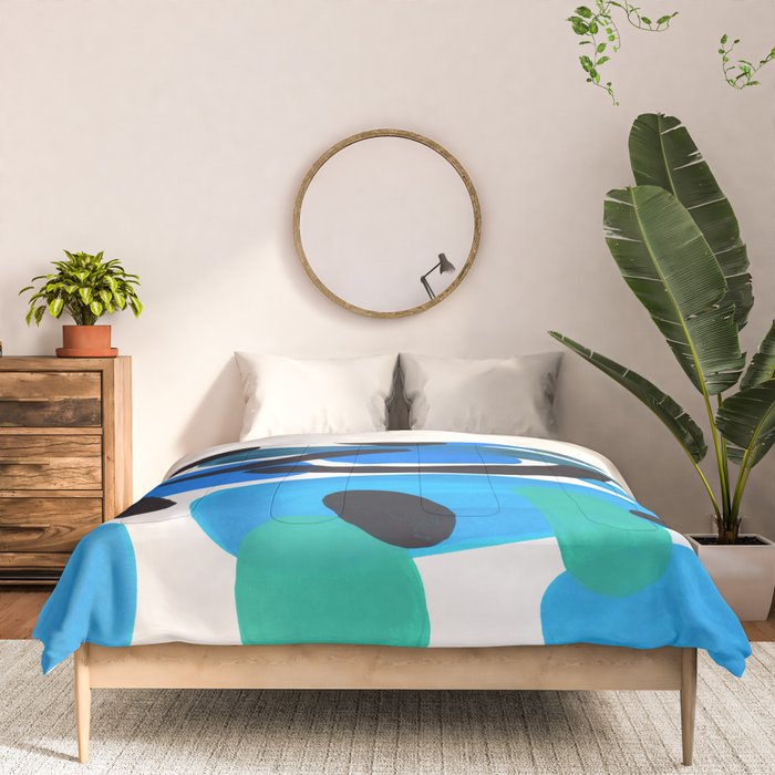Abstract Minimalist Mid Century Modern Colorful Pop Art Retro Funky Shapes Blue Turquoise Comforter Gallery Image 3