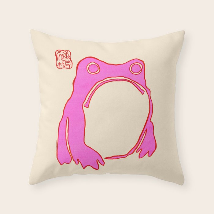 Pink Grumpy Frog Throw Pillow Gallery Image 1