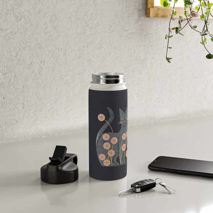 Gray Cat And Flowers Water Bottle Gallery Image 4
