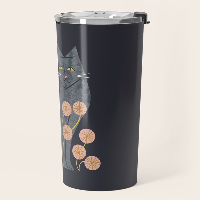 Gray Cat And Flowers Travel Mug Gallery Image 2