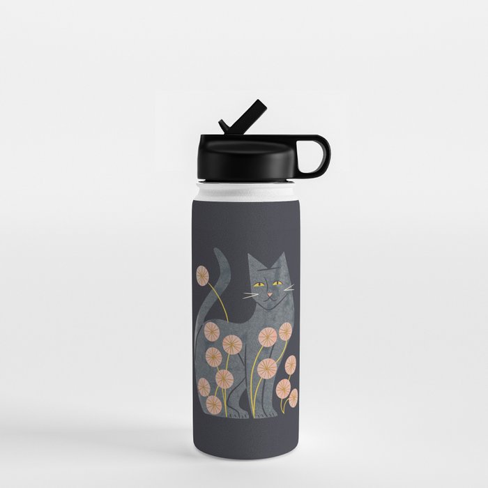 Gray Cat And Flowers Water Bottle Gallery Image 1