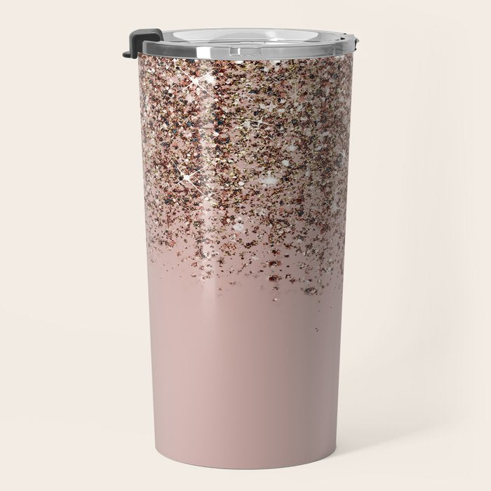Blush Pink Rose Gold Bronze Cascading Glitter Travel Mug Gallery Image 3