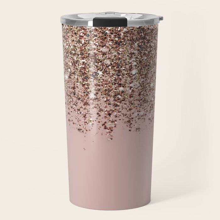 Blush Pink Rose Gold Bronze Cascading Glitter Travel Mug Gallery Image 1