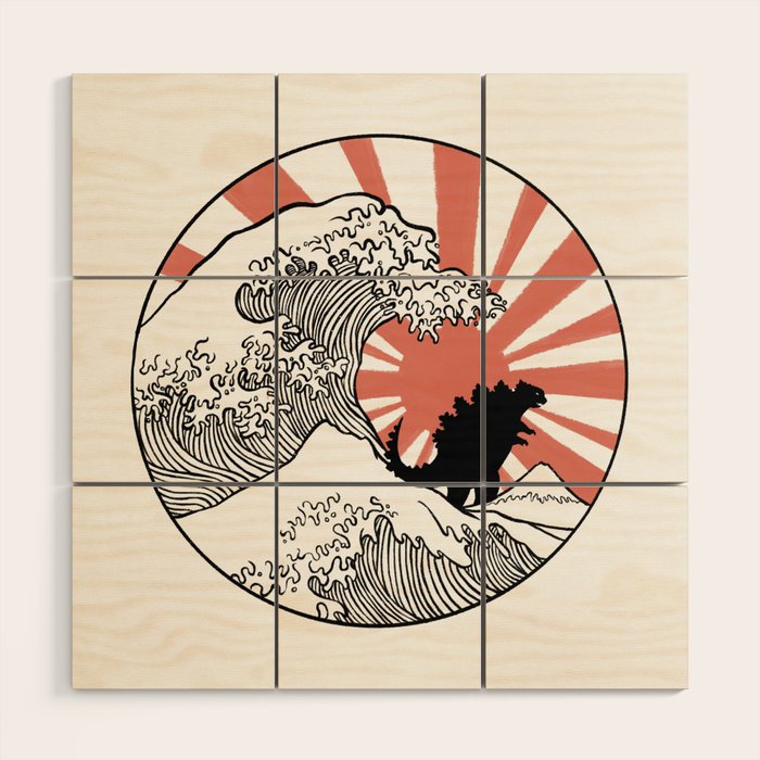 Godzilla Rising Sun The Great Wave  Wood Wall Art Gallery Image 1