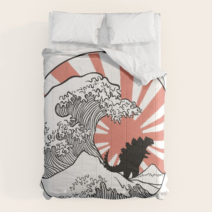 Godzilla Rising Sun The Great Wave  Comforter Gallery Image 1