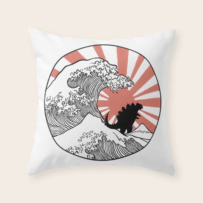 Godzilla Rising Sun The Great Wave  Throw Pillow Gallery Image 1