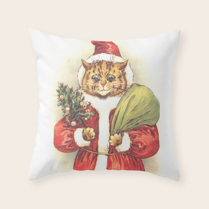 'Father Christmas Cat' by Louis Wain Throw Pillow Gallery Image 6