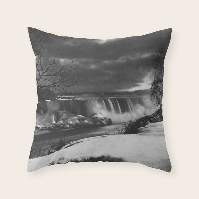 Niagara Falls, dark winter night after snowfall black and white photograph  by Alexander Henderson Throw Pillow Gallery Image 6