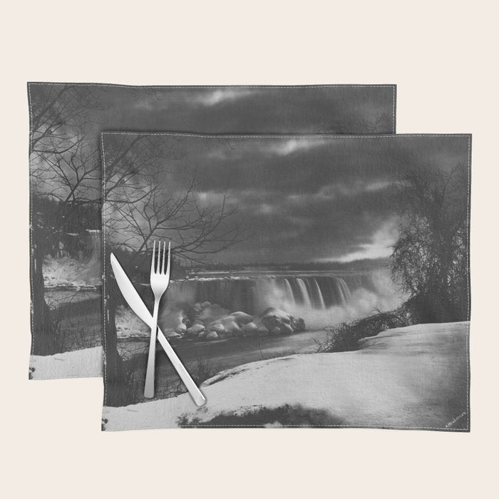 Niagara Falls, dark winter night after snowfall black and white photograph  by Alexander Henderson Placemat Gallery Image 1