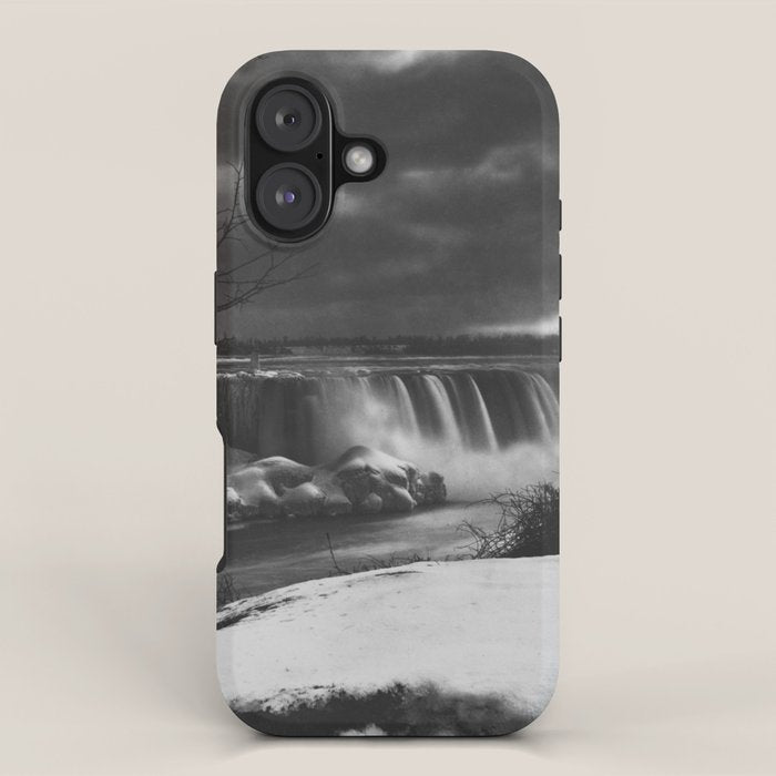 Niagara Falls, dark winter night after snowfall black and white photograph  by Alexander Henderson iPhone Case Gallery Image 1