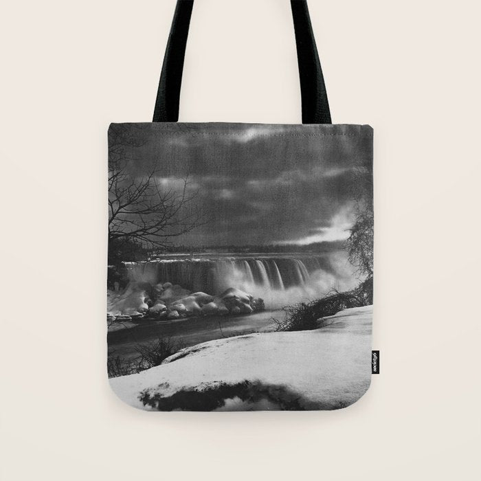 Niagara Falls, dark winter night after snowfall black and white photograph  by Alexander Henderson Tote Bag Gallery Image 1