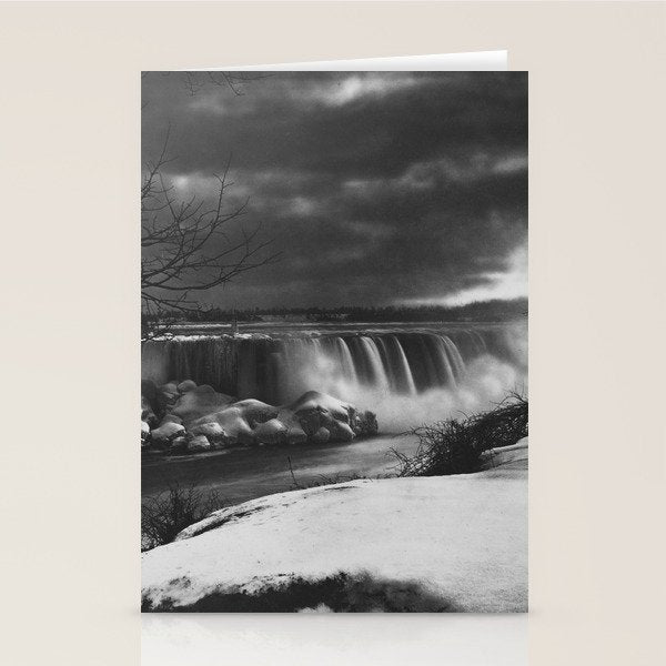 Niagara Falls, dark winter night after snowfall black and white photograph  by Alexander Henderson Stationery Card Gallery Image 1