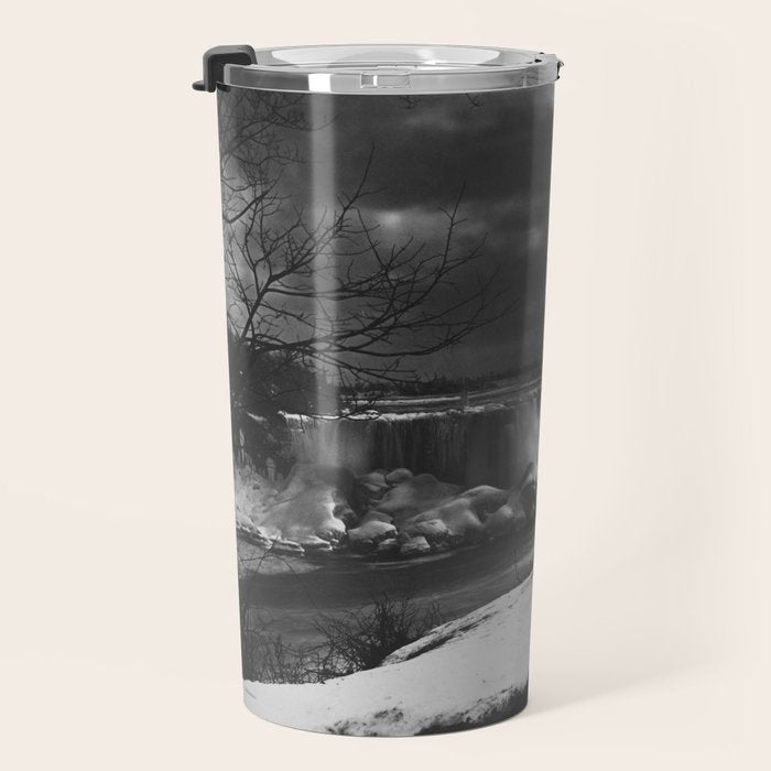 Niagara Falls, dark winter night after snowfall black and white photograph  by Alexander Henderson Travel Mug Gallery Image 3