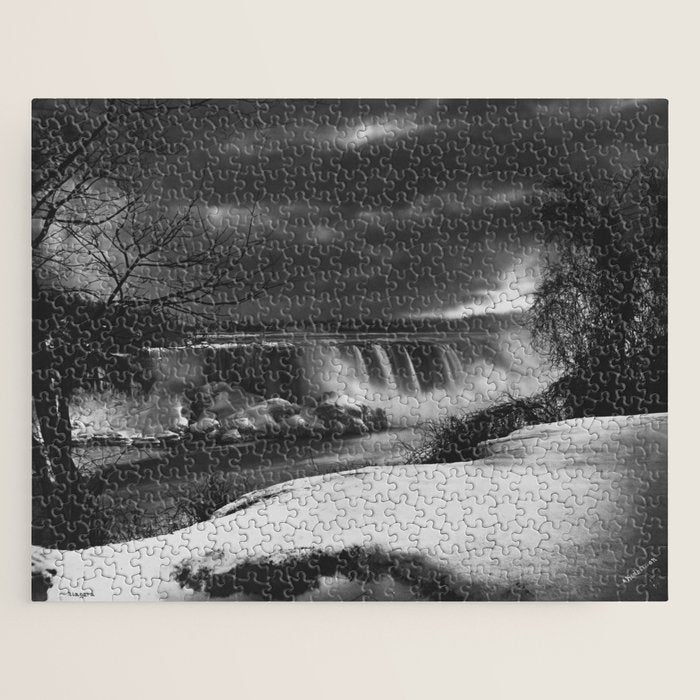 Niagara Falls, dark winter night after snowfall black and white photograph  by Alexander Henderson Jigsaw Puzzle Gallery Image 1