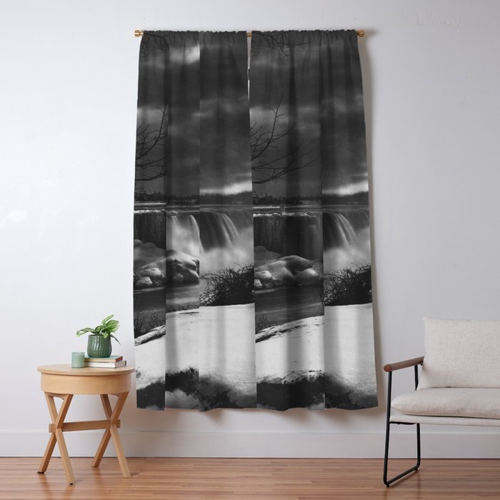 Niagara Falls, dark winter night after snowfall black and white photograph  by Alexander Henderson Window Curtain Gallery Image 1