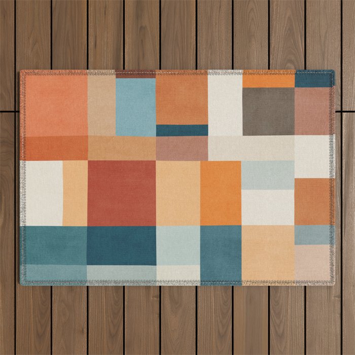 Mid-Century Artwork Warm Colors Geometric Abstract Outdoor Rug Gallery Image 1