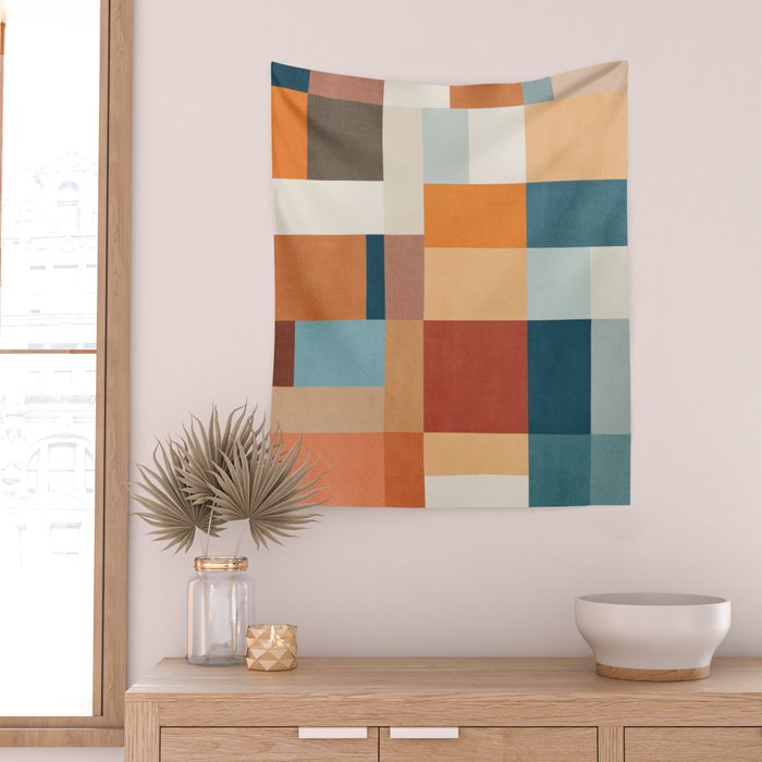 Mid-Century Artwork Warm Colors Geometric Abstract Wall Tapestry Gallery Image 2