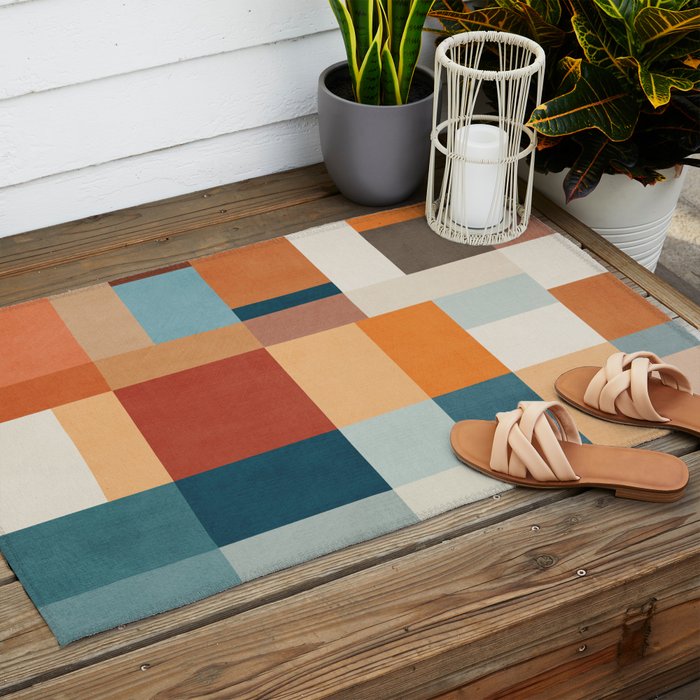 Mid-Century Artwork Warm Colors Geometric Abstract Outdoor Rug Gallery Image 2