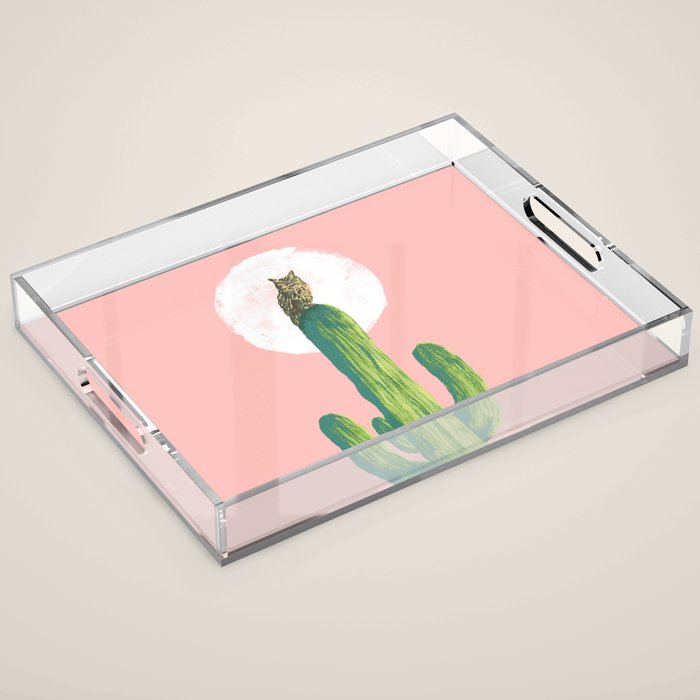 Quirky owl on saguaro cactus Acrylic Tray Gallery Image 1
