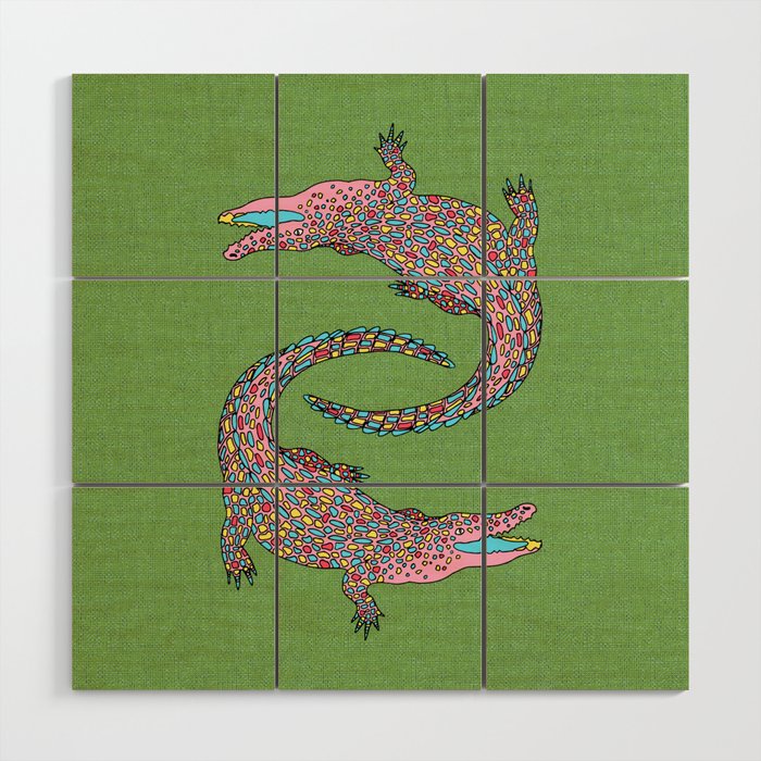 Crocodiles (Textured Green and Pink) Wood Wall Art Gallery Image 1