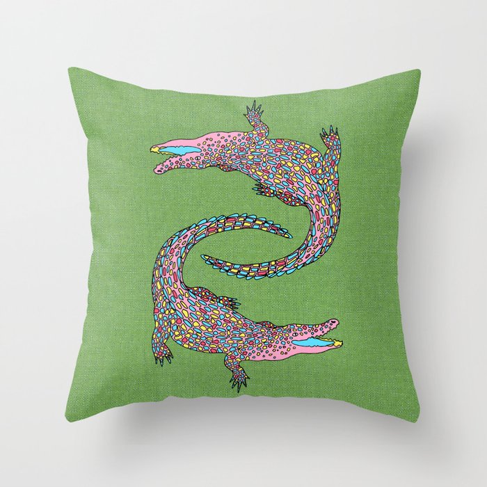 Crocodiles (Textured Green and Pink) Throw Pillow Gallery Image 6