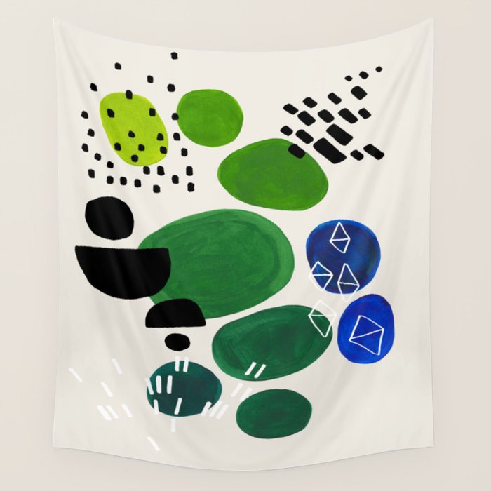 Fun Abstract Minimalist Mid Century Modern Colorful Shapes Lime Green Blue Watercolor Bubbles Wall Tapestry Gallery Image 4