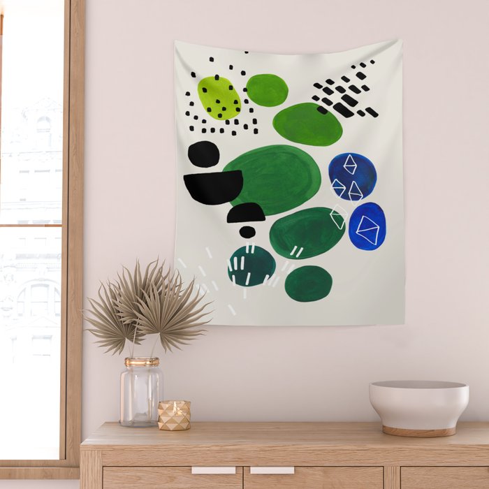 Fun Abstract Minimalist Mid Century Modern Colorful Shapes Lime Green Blue Watercolor Bubbles Wall Tapestry Gallery Image 2