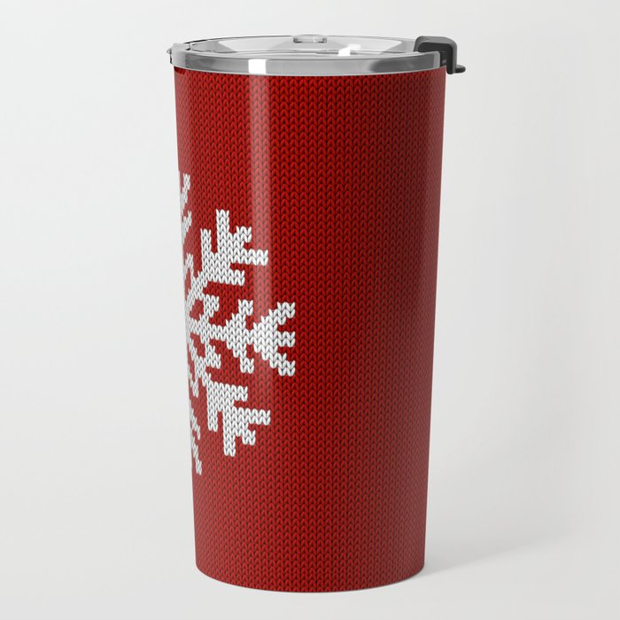 Classic Red Christmas white snowflake knit Travel Mug Gallery Image 2