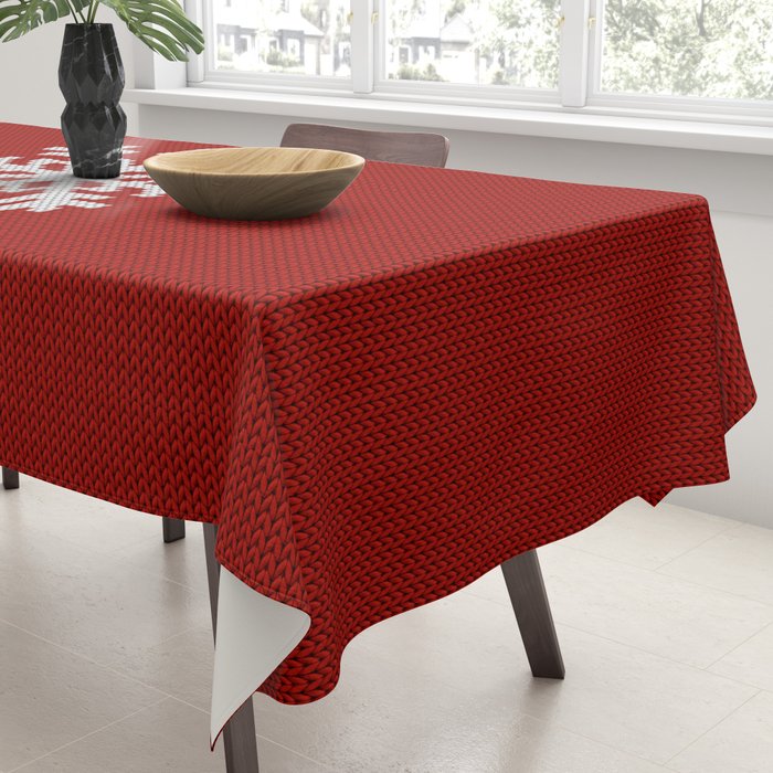 Classic Red Christmas white snowflake knit Tablecloth Gallery Image 3