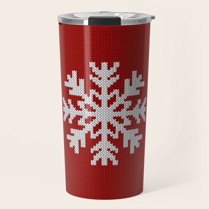 Classic Red Christmas white snowflake knit Travel Mug Gallery Image 1