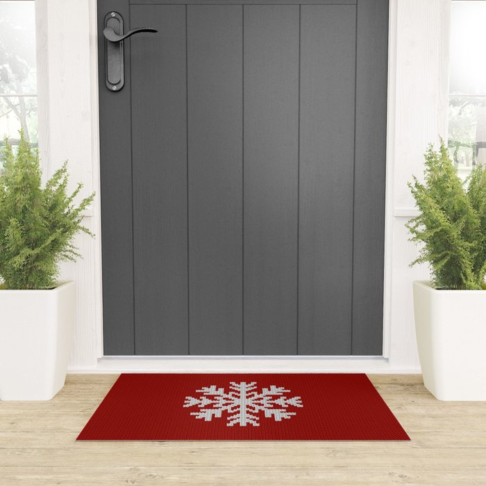 Classic Red Christmas white snowflake knit Welcome Mat Gallery Image 3
