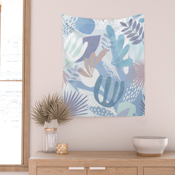 Tropical Boho Jungle Pattern 4 - Blue  Wall Tapestry Gallery Image 2