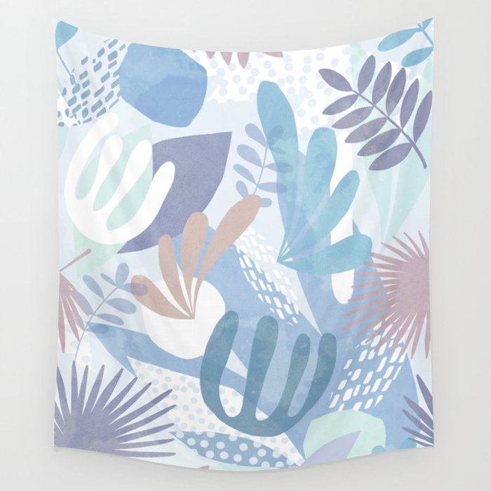 Tropical Boho Jungle Pattern 4 - Blue  Wall Tapestry Gallery Image 1