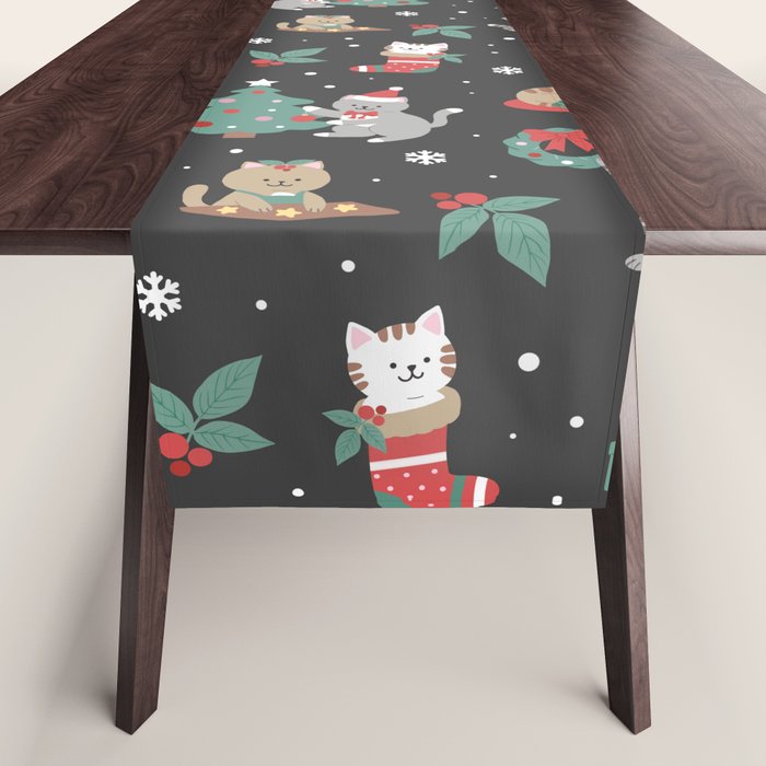 Christmas Festive Cute Holiday Kittens on Dark Table Runner Gallery Image 1