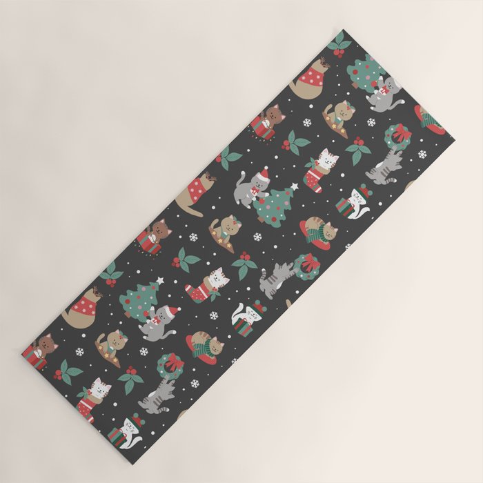 Christmas Festive Cute Holiday Kittens on Dark Yoga Mat Gallery Image 1