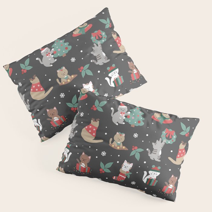 Christmas Festive Cute Holiday Kittens on Dark Pillow Sham Gallery Image 3