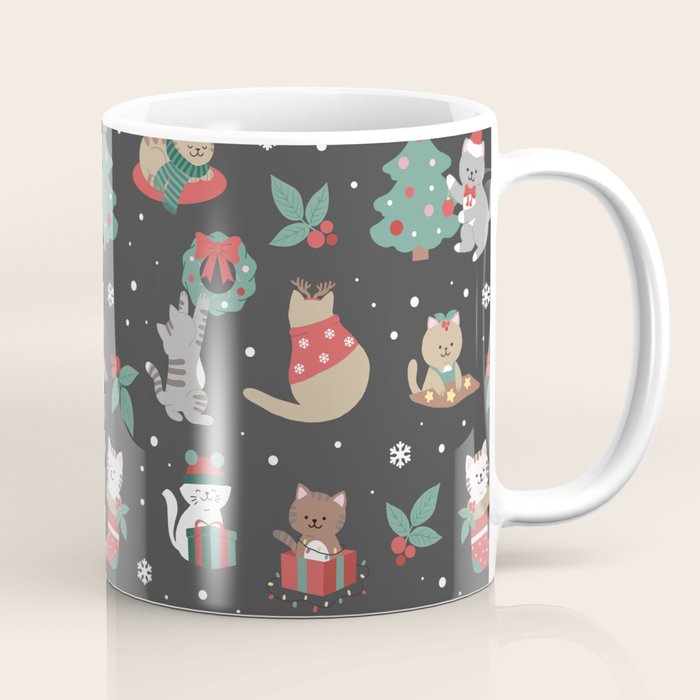 Christmas Festive Cute Holiday Kittens on Dark Coffee Mug Gallery Image 1