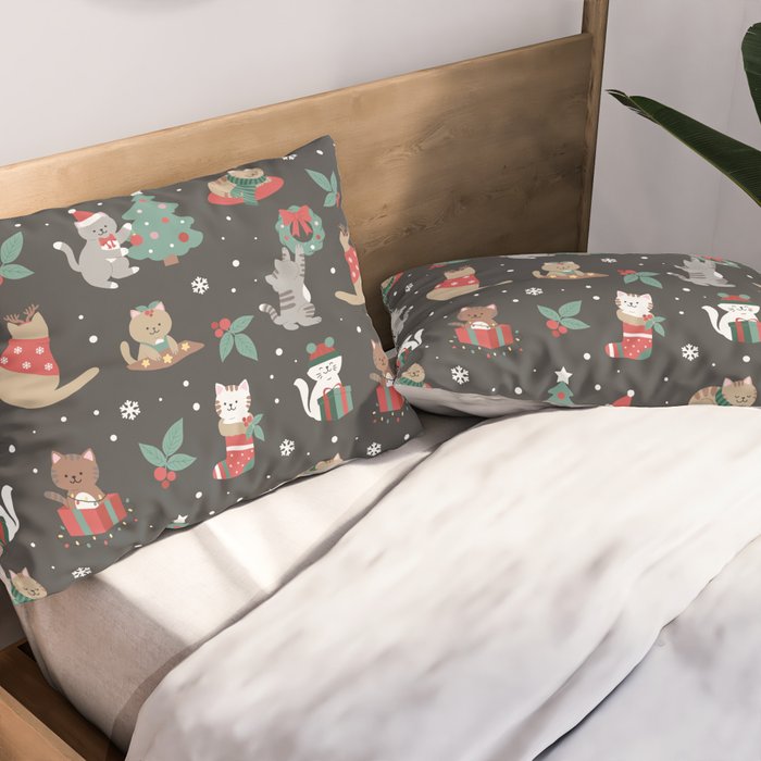 Christmas Festive Cute Holiday Kittens on Dark Pillow Sham Gallery Image 2