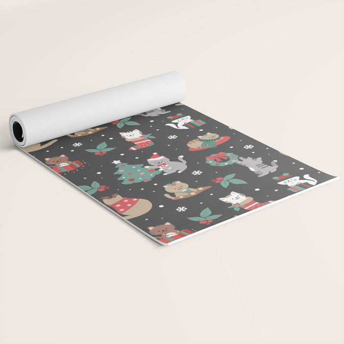 Christmas Festive Cute Holiday Kittens on Dark Yoga Mat Gallery Image 2