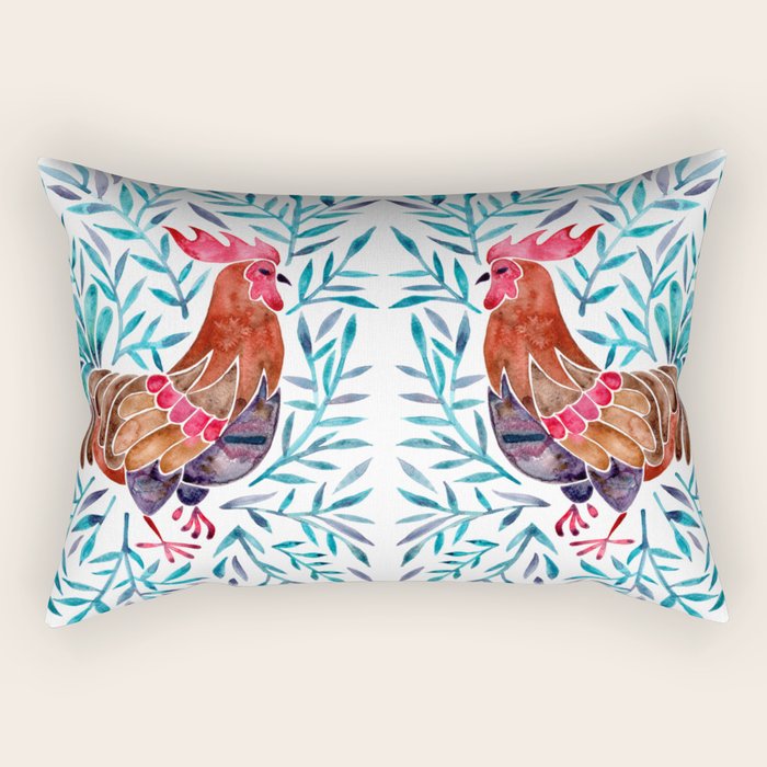 Le Coq - Watercolor Rooster with Turquoise Leaves Rectangular Pillow Gallery Image 1