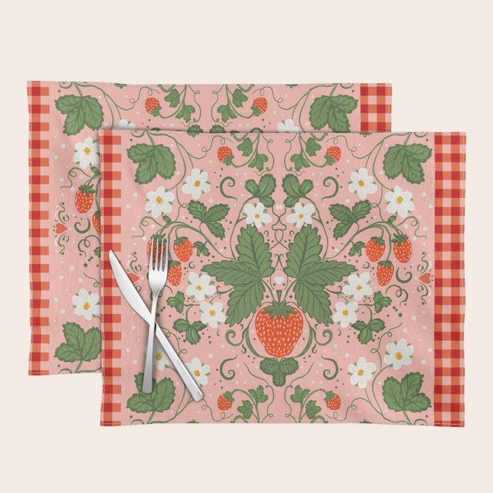 Strawberry Picnic Pattern with Gingham Border Placemat Gallery Image 1